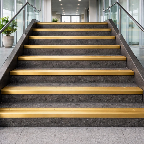 Anodised aluminium stair nosing with anti-slip ribbed surface, 65x42mm profile for indoor outdoor step safety