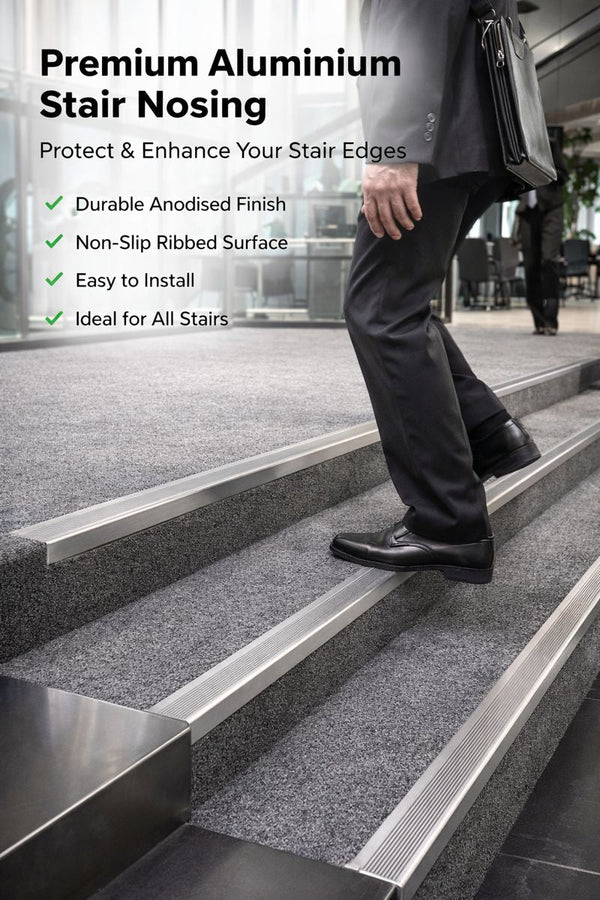 Aluminium stair nosings on a modern staircase illustrating safe stair edge protection