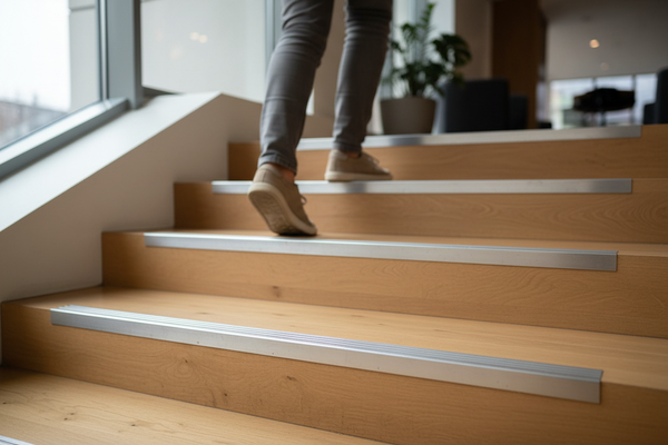 Anti-slip stair nosings on an indoor staircase giving a person secure footing