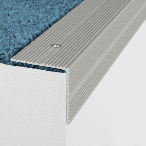 Anodised aluminium stair nosing 35x35mm with ribbed anti-slip surface on carpeted stairs