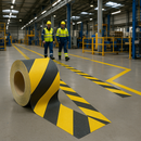 Black yellow anti-slip tape marking emergency exit safety lanes across UK factory floor