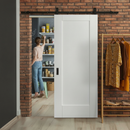 Premium White Internal Primed Pattern 10 Single Panel Sliding Door with Black Top Mounted Track for Modern Homes