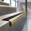 Solid Brass Stair Nosing with Anti-Slip Carborundum Infill, Raked Back Profile — Ridged PVC Colour: Carbon
