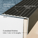 Heavy duty stair nosing dimensions guide - 65mm wide x 42mm deep, 0.9m 1.2m 2.7m lengths, 5 finishes