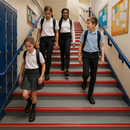 Red insert DDA stair nosing on UK school staircase - students using stairs with clear step edge visibility and safety
