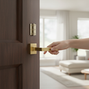Premium Square Rose Lever Door Handle Set in Satin Brass Finish with Slim Design and Ball Bearing Hinges