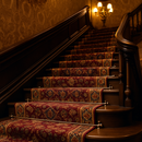 Antique brass stair rods installed on grand Victorian staircase with patterned red runner carpet