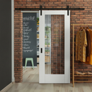 Premium White Internal Primed Cottage Sliding Door with Clear Glass and Black Steel Track for Space Saving Functionality