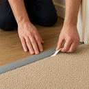 Person installing self-adhesive PVC floor transition strip at doorway threshold