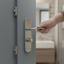 Premium Satin Chrome Lever on Backplate Bathroom Door Handle Set with Privacy Lock and Matching Hinges for Modern Spaces