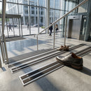 Aluminium anti-slip stair nosing 85x32mm for commercial use showing ribbed surface texture and metal profile