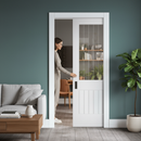 Premium White Primed Internal Pocket Door Set with Etched Lined Clear Glass Panel for Elegant Space Saving