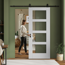 Premium White Internal Primed Shaker 4 Light Clear Glass Sliding Door with Black Top Mounted Kit for Modern Homes