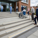 Silver aluminium stair nosing profile 60x32mm dimensions showing DDA compliant anti-slip surface for indoor use