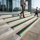 Silver aluminium stair nosing profile 66x32mm with anti-slip ridged surface for indoor and outdoor use