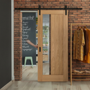 Premium Unfinished Oak Sliding Door with Clear Offset Glass - Classic Farley Design and Smooth Black Steel Track