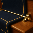 Warm brass stair rods fitted on navy blue and gold bordered runner — Edwardian British townhouse