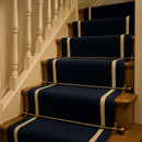 Antique brass reeded stair rods with ball finials on Georgian staircase with navy bordered runner