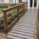 Medium grey 50mm fine grit GRP anti-slip strips across a timber access ramp in a care home garden