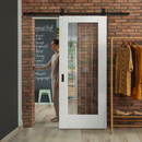 Premium White Internal Primed Cottage Sliding Door with Clear Glass and Obscure Lines - Space-Saving Black Steel Track