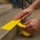 Person applying yellow anti-slip tape to concrete step edge — DDA safety installation