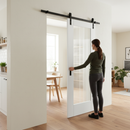 Premium White Internal Primed Cottage Sliding Door with Clear Glass and Obscure Lines - Space-Saving Black Steel Track