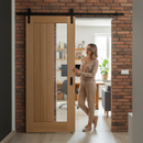 Premium Unfinished Oak Internal Sliding Door with Clear Offset Glass Panel and Black Top Mounted System for Modern Interiors