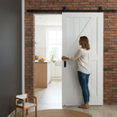 Premium White Internal Primed Barn FLB Sliding Door with Black Top Mounted System for Modern Farmhouse Elegance