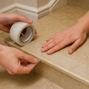 Person applying clear transparent anti-slip tape to polished tile surface — peel and press installation