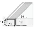 Technical drawing of tile-in aluminium step edging profile showing 34mm tread x 11mm face x 10mm tile channel