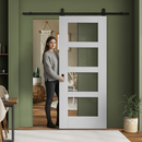 Premium White Internal Primed Shaker 4 Light Clear Glass Sliding Door with Black Top Mounted Kit for Modern Homes