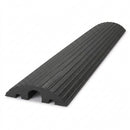 Black ribbed rubber cable protector with a large centre channel and two smaller outer channels visible at the open end, on a white background