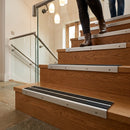 Heavy duty aluminium stair nosing profile 91x32mm dimensions showing metallic finish for indoor outdoor use
