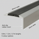 Aluminium stair nosing dimensions guide - 46mm x 30mm profile, 0.9m 1.2m 2.7m lengths, 5 colour combos