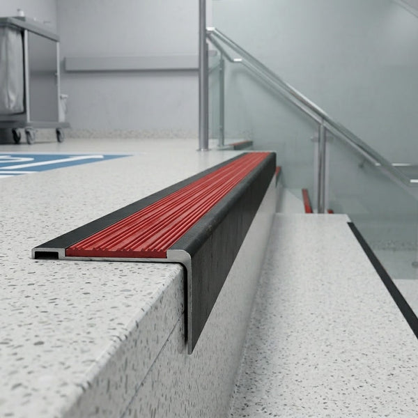 Aluminium stair nosing 62x32mm square edge with red anti-slip insert