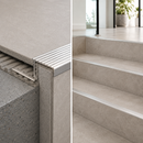 Split view of aluminium straight edge nosing profile detail and fitted beige tiled steps