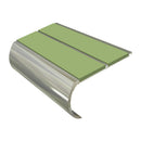 Bullnose aluminum stair nosing with green anti-slip inserts, 53mm width, heavy duty construction