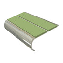 Anti slip bullnose stair nosing with green PVC inserts and polished aluminum construction for safety