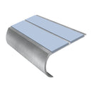Bullnose aluminium stair nosing with blue anti-slip inserts, showing curved profile and mill finish
