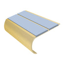 Bullnose anti slip stair nosing in satin gold aluminium with blue grip inserts, 53mm width