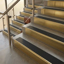 Brass stair nosings with smooth black inserts on stone steps beside a glass balustrade