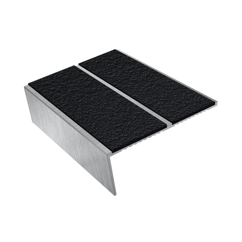 Rake Back Double Channel Aluminium Stair Nosing with MorGrip, 85mm Tread, Slip-Resistant PVC Inserts, Compatible with Vinyl, Lino & Lightweight Carpets