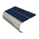Bullnose aluminium stair nosing with dark blue anti-slip inserts and polished silver finish