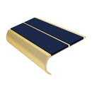 Anti-slip bullnose stair nosing in satin gold aluminum with dark blue PVC inserts for safety