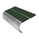 Aluminum bullnose stair nosing with dark green anti-slip inserts and mill finish profile view