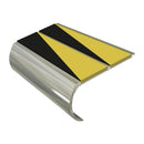 Aluminium bullnose anti-slip stair nosing with yellow and black hazard warning strips on curved edge