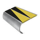 53mm bullnose aluminium anti-slip stair nosing with yellow and black hazard stripes on mill finish