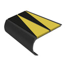 Anti-slip bullnose stair nosing in black aluminum with yellow hazard strips for safety