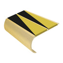 Anti slip bullnose stair nosing in satin gold aluminum with black hazard stripes, 53mm profile