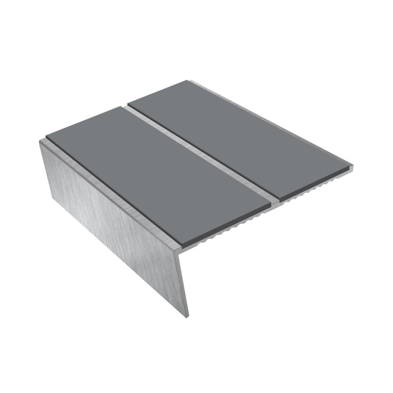 Rake Back Double Channel Aluminium Stair Nosing, 2.75m Length, 85mm Tread, Slip-Resistant PVC Inserts, Ideal for Vinyl, Lino & Lightweight Carpets